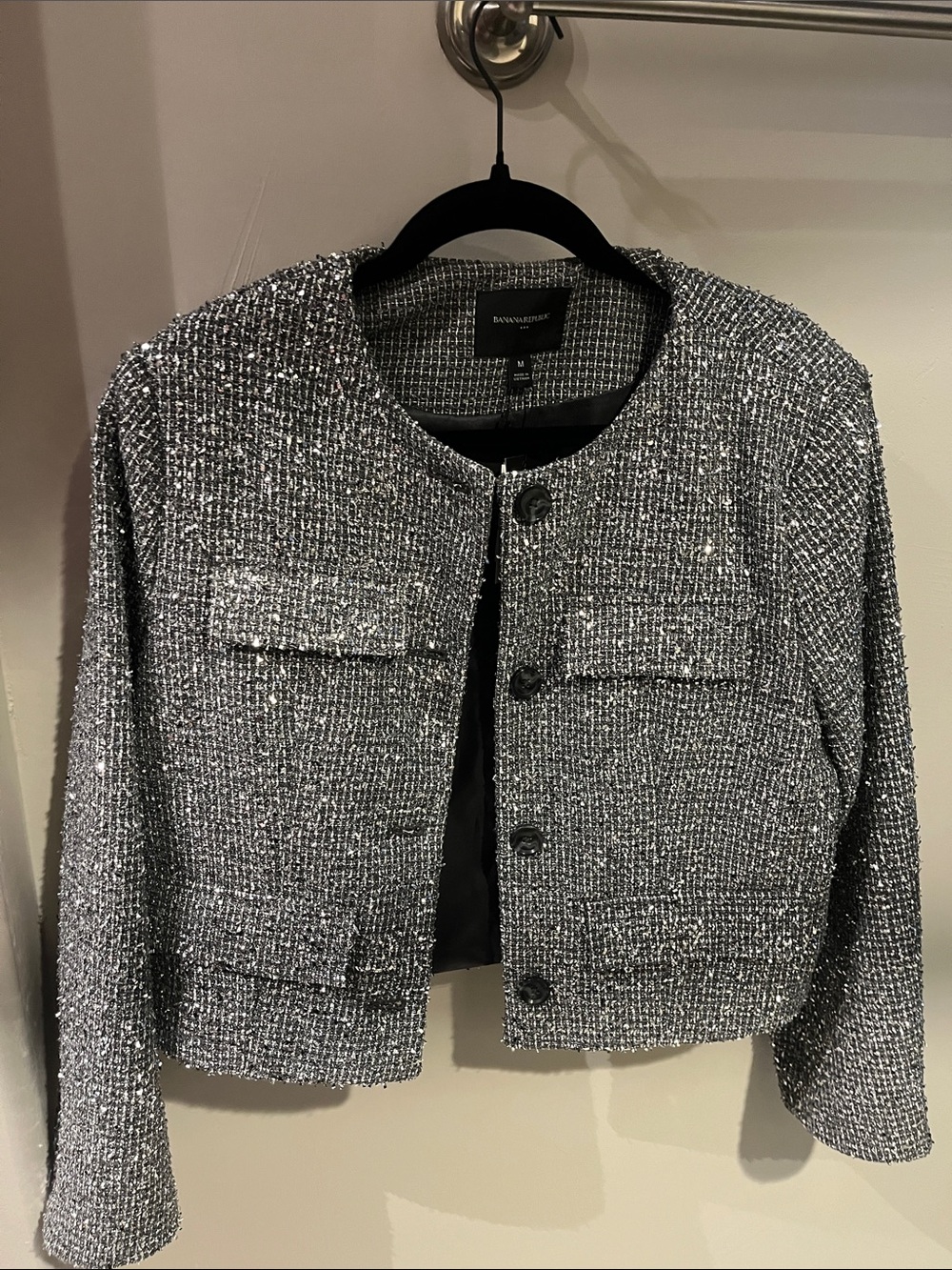 Banana Republic Metallic Silver Tweed Cropped Blazer